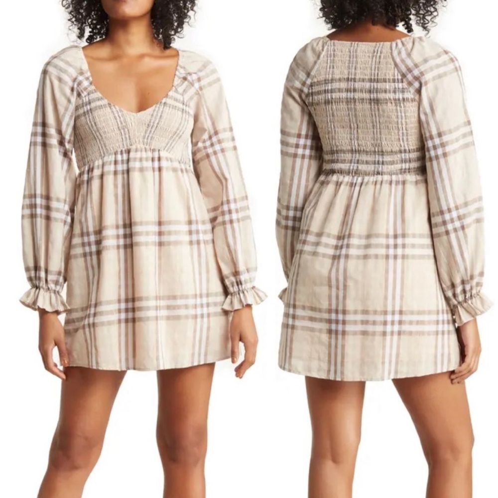Coco + Jaimeson Nordstrom Plaid Tan Smocked Lightweight Babydoll Mini Dress S